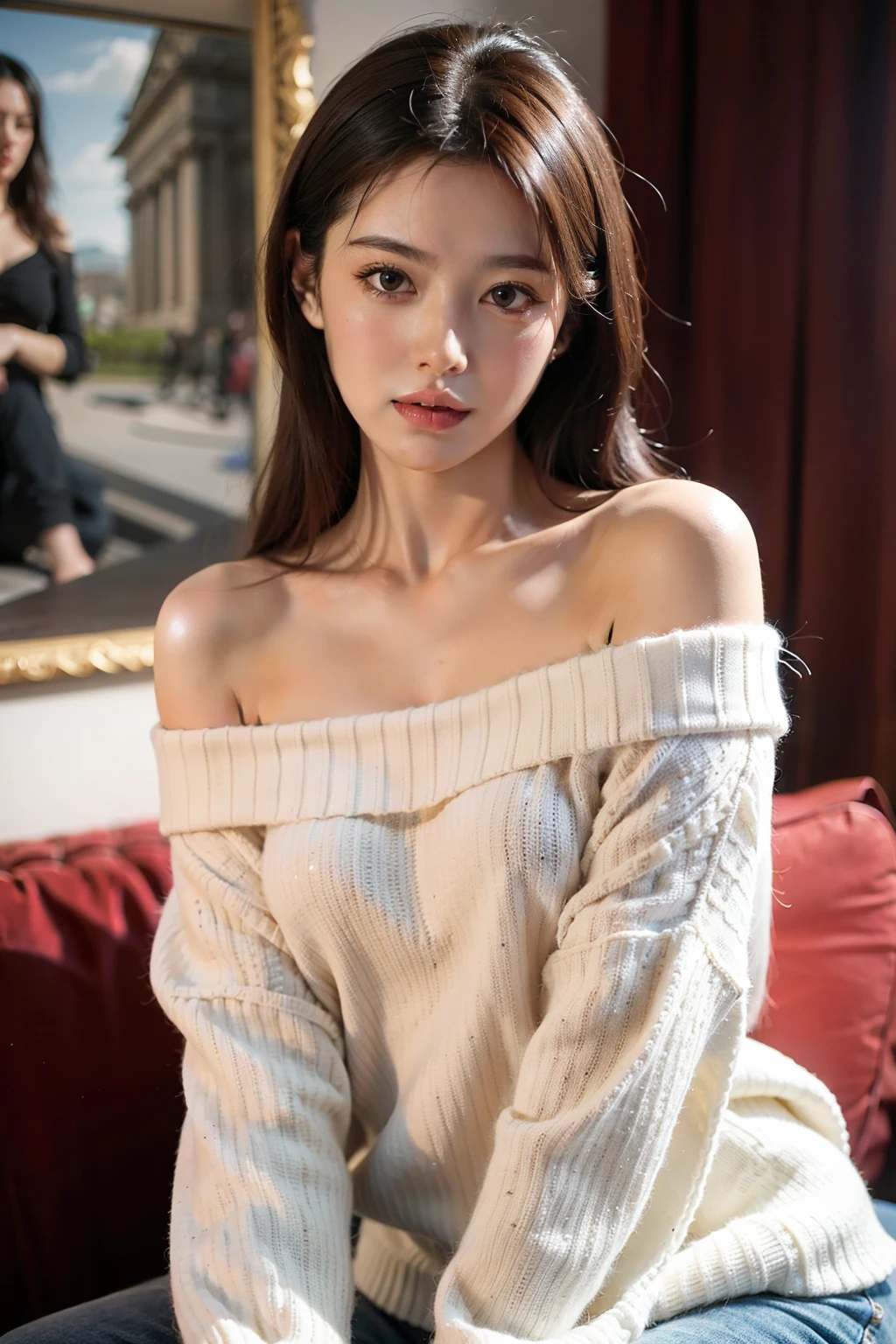 ((best quality)), ((masterpiece)), (detailed), 1 Girl, Off-shoulder sweater,