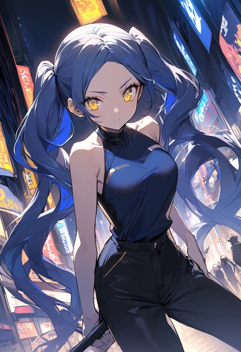 (One very tall, good looking woman,Navy Blue Hair,Her hairstyle is twin tails that expose her forehead., yellow eyes,Medium chest,Dynamic Angle Tall)Thick Black1Color ,Black trousers,The background is the busy Shibuya area at night,Hold a spear in one hand