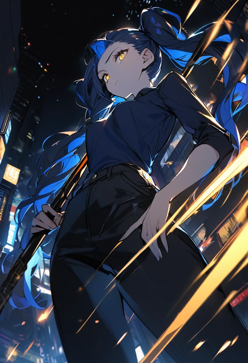 (One very tall, good looking woman,Navy Blue Hair,Her hairstyle is twin tails that expose her forehead., yellow eyes,Medium chest,Dynamic Angle Tall)Thick Black１Color ,Black trousers,The background is the busy Shibuya area at night,One-handed spear