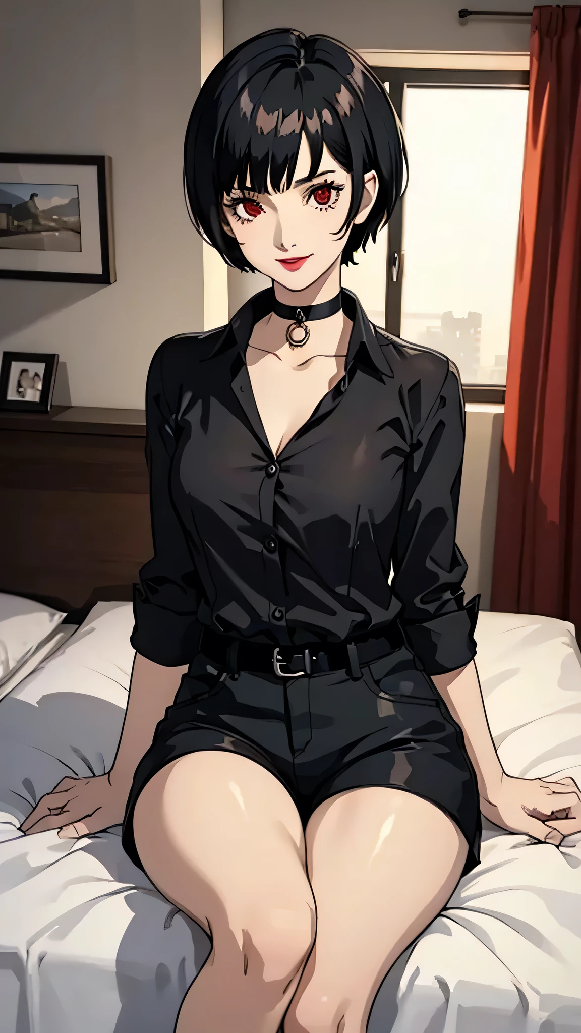 1 girl, Red eyes, very Short hair, black choker, lipstick, smile, black hair, female , tomboy Pixie haircut, long shirt, shorts, stockings, bedroom, cowboy shot, sit