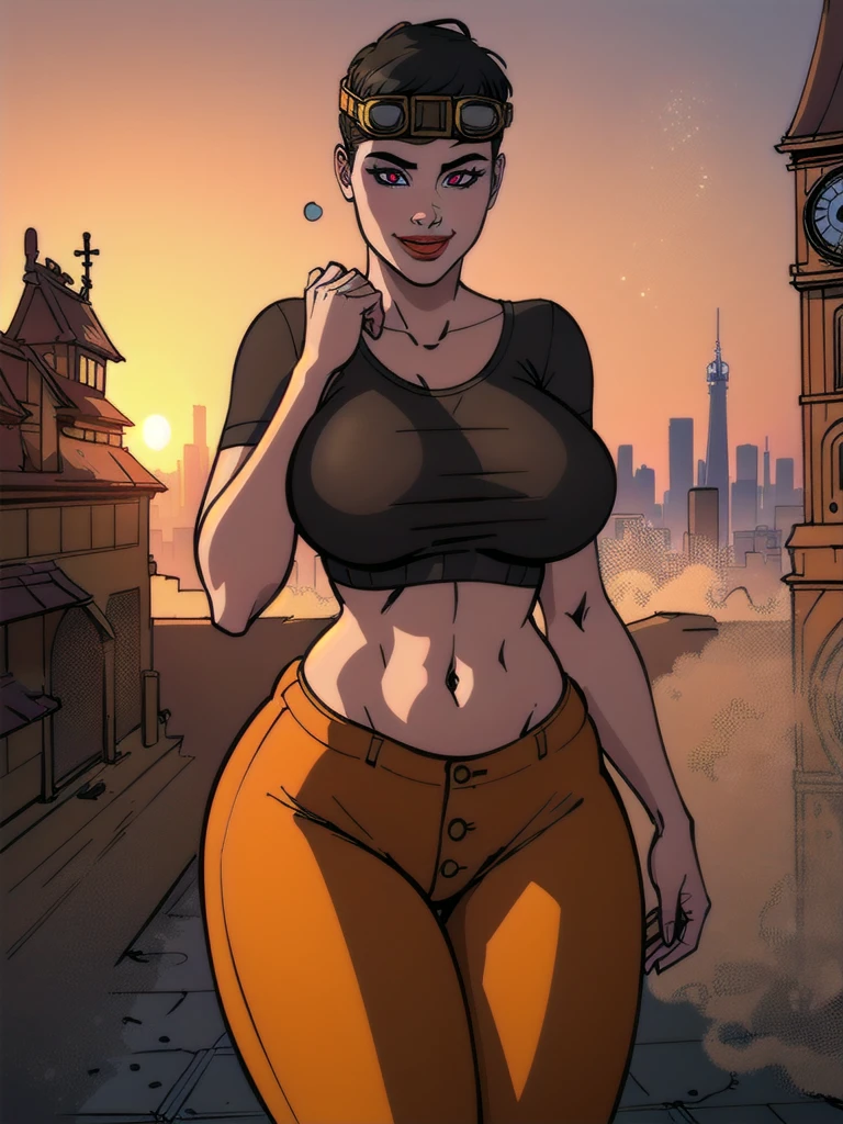 highly insanely detailed, masterpiece, top quality, best quality, highres, 4k, 8k, RAW photo, (1girl),solo,LadyM, red eyes, black sclera, black hair, red lips, goggles on head, pants, (large breasts:1.2), (wide hips:1.2), sexy smile, sexy, line art, outdoors, city,cown,clock tower, sunset,steampunk, (facing viewer), looking at viewer, magic particles, dust particles, (wind), 