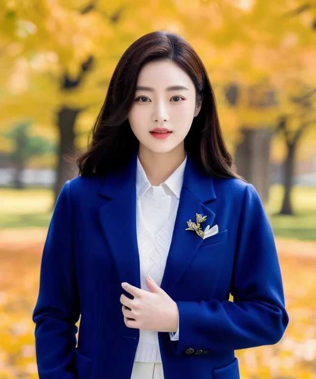 Close-up of woman wearing a blue jacket and flower brooch., Dilraba Dilmurat, Inspiration from Chen Daofu, Inspiration from granddaughter, Inspiration from Chen Lu, Inspiration from Chen Lin, fan art, Inspired by Sim Sa Jung, Digital art of elegance, แรงบันดาลใจจาก Ni Tian, Inspiration from Huang Ji, Inspired by Chen Chun