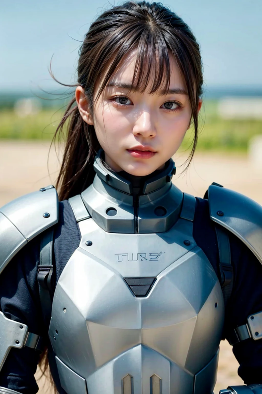 Dystopian night scene, very intricate details, Japanese woman wearing model-like armor, beautiful face, legs, cylinders that look like muscles, pose in motion, 8k, ultra high resolution, super realism, realistic photo, taken with Fuji film X-T30.+Nokton. HDR10