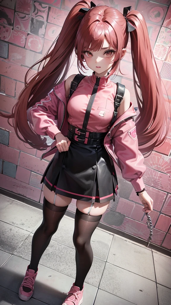 girl in a short skirt in knee-length stockings, red-pink hair,Twin Tail, full height, different patterns in the background, 3D wallpaper.