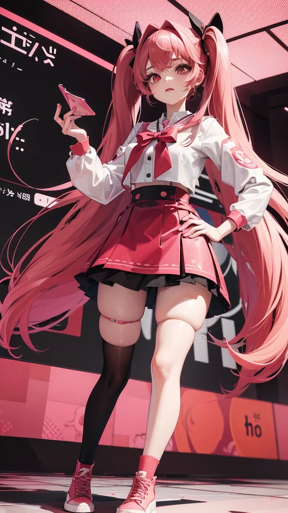 girl in a short skirt in knee-length stockings, red-pink hair,Twin Tail, full height, different patterns in the background, 3D wallpaper.