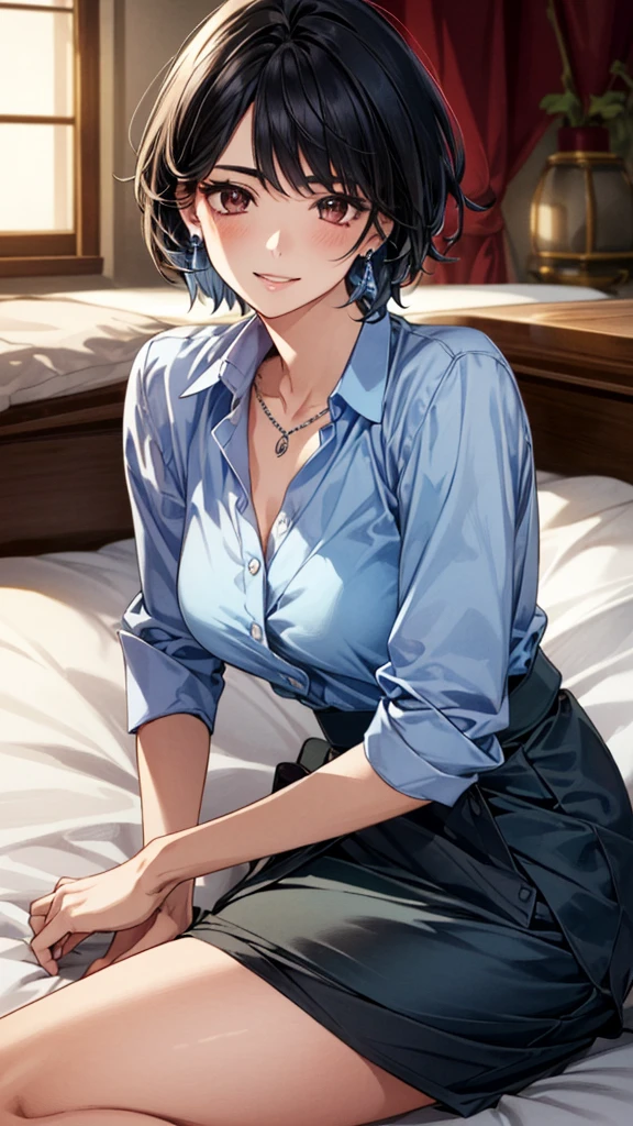 (masterpiece:1.3, Highest quality, Ultra-high resolution, Super detailed), (Realistic, photoRealistic:1.4), Beautiful illustrations, Perfect lighting, colorful, Depth of written boundary, Beautiful detailed hair, Beautifully detailed face, Beautiful fine details, Beautiful clavicle, Beautiful body, 美しいLarge Breasts, Beautiful thighs, Beautiful feet, Beautiful fingers, View Viewer、Front view:0.6, Beauty1人, Japanese, Beauty、30 years old, Perfect Face, (Perfect Anatomy, Anatomically correct), Cute and symmetrical face, , , Shiny skin, ((Light blue collared shirt:1.4)), ((Wrap Around Skirt:1.5))、 (Black Hair, Short Hair:1.4), Dark brown eyes, Droopy eyes、Large Breasts, Slim body, necklace, (Small earrings:1.3), (Beautiful views), (night), (Hotel room、bed), (bedに寝ている:1.5), A soft smile、(Smile, Lips parted),