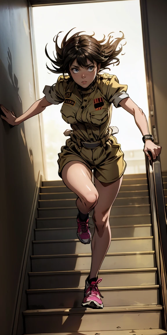 woman racing down the stairs