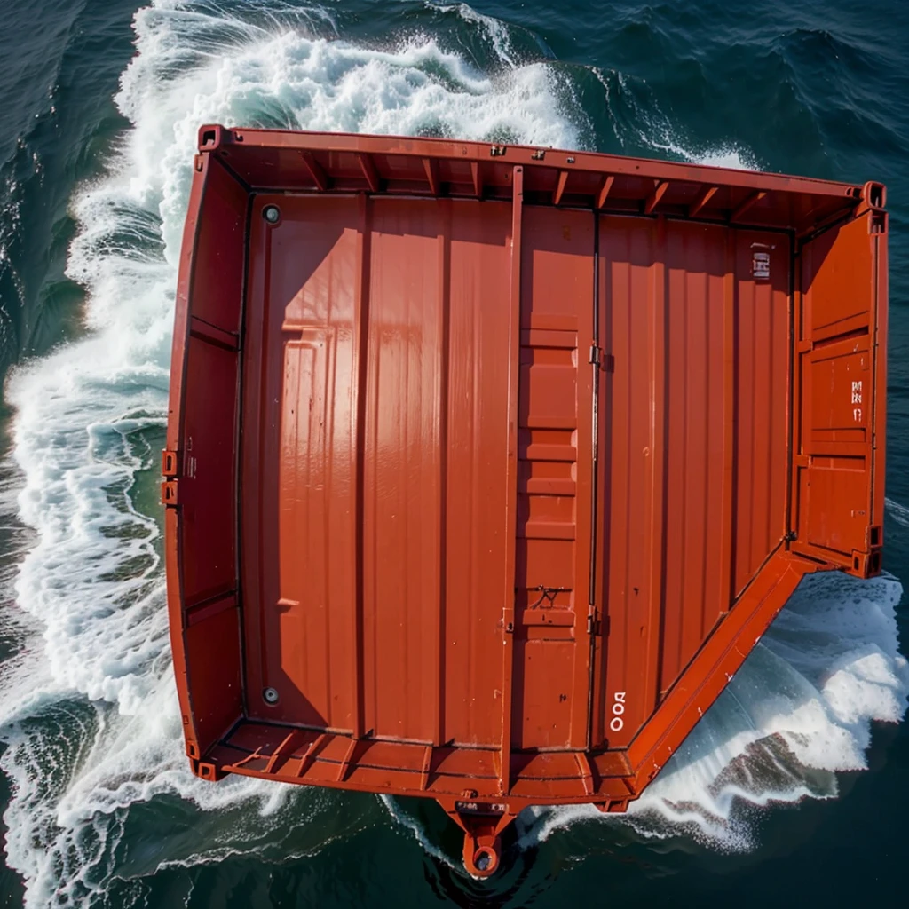 Big red container ,top view on the sea