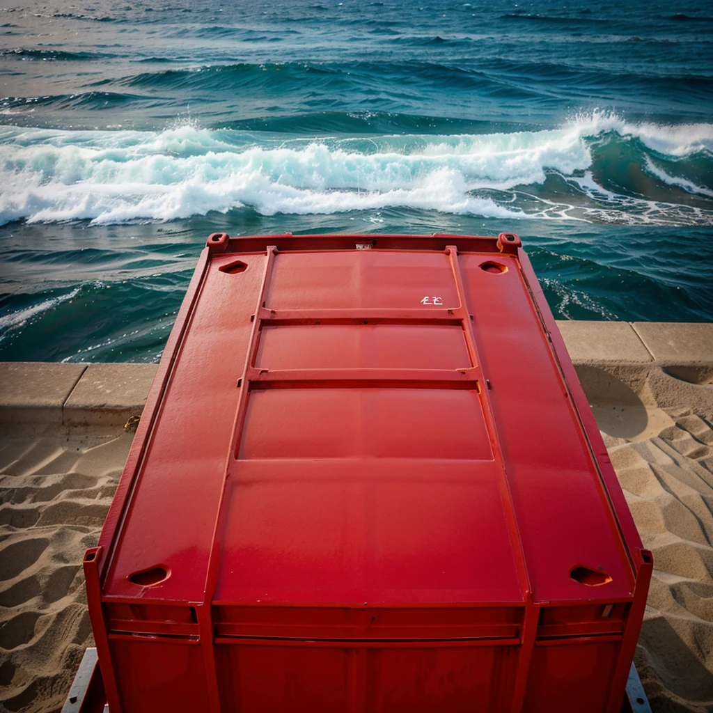 Big red container ,top view on the sea