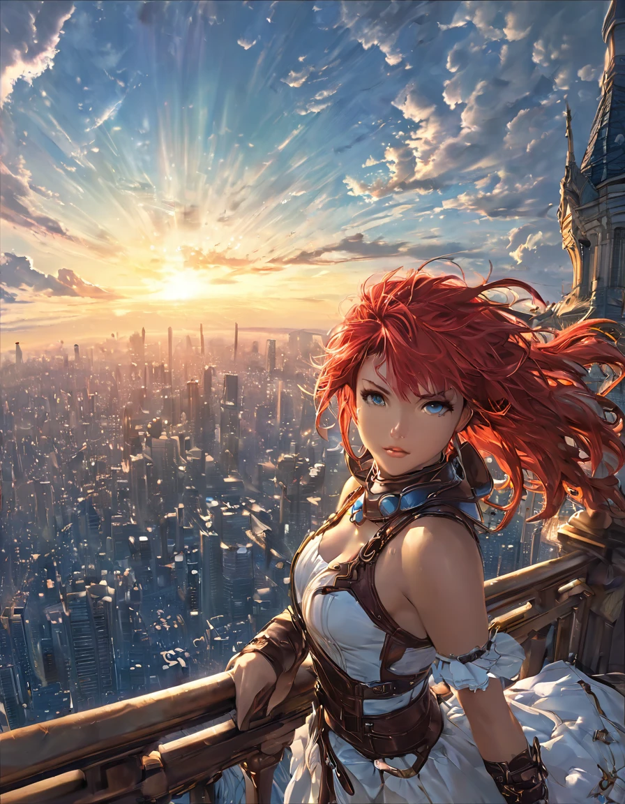 Beautiful angel with red hair flying in the distant sky, Empty city, Beautiful blue sky, Landscape painting, Best quality, Portrait, Wide angle, 16k, High resolution, Great lighting, Wide angle, View from afar, Fantasy art style, Epic light novel art cover, Anime fantasy illustration, Epic light novel cover art, Boris Vallejo, Octopath Traveler, RPG art, Anime fantasy artwork, Very elaborate fan art, Best quality, Portrait, Wide angle, 16k, High resolution, Great lighting, Wide angle, View from afar, Fantasy art style, Epic blue sky, Fast moving sky and clouds, Tokyo city, Shinjuku