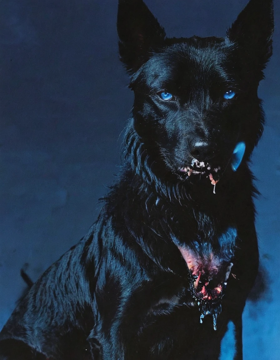 black dog in horror scene, blue background