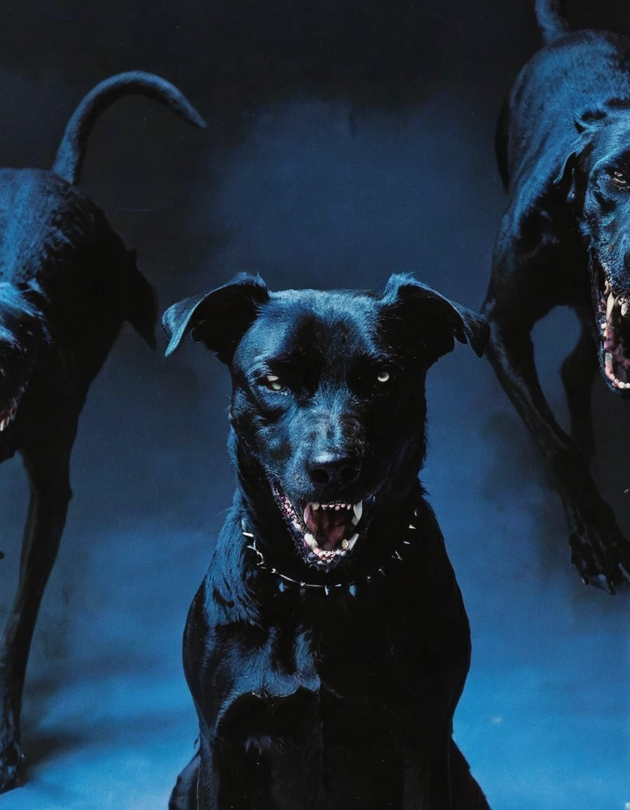 black dog in horror scene, blue background