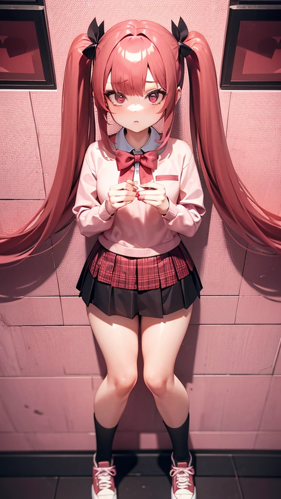 girl in a short skirt in knee-length stockings, red-pink hair,Twin Tail, full height, different patterns in the background, 3D wallpaper.