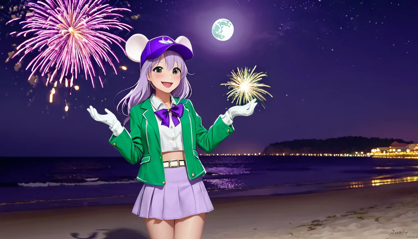 masterpiece, Highest quality, Mouse Egret, Purple hat, Hair Clip, Green ribbon, Purple Jacket, White gloves, belt, Purple Mini Skirt, Upper Body, Blushing, smile, View your viewers, Beach, night, moon, firework, Place your hand on your chest
