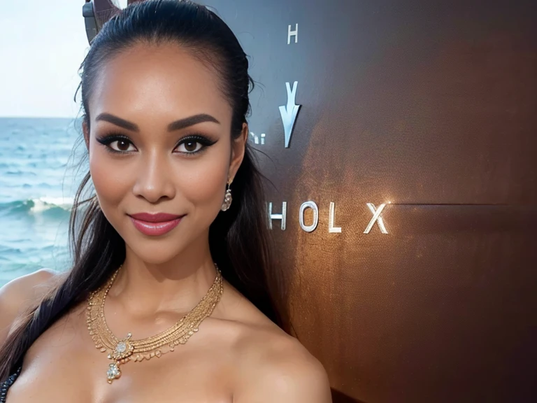 (Extreme Wide Shot:1.5),(Pacific Ocean:1.5),(super highponytail hair),forehead,(thai woman),(huge breasts:1.5),(slender body),(v-string bikini:1.2),(dark skin:0.8),(smile:1.3),(heavy makeup:1.5),necklace,Earrings,((ship:1.5)),highest quality,(((masterpiece))),8k,(((Photorealistic))),(((Intricate details, Detailed Texture, High Quality Shadows, Depth of written boundary))),