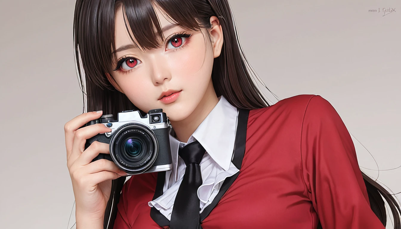 Anime girl wearing a red shirt and black tie taking a photo, Jan J, extremely detailed art gelm, Tohsaka Rin, art gelm jsc, Gweiz-style artwork, Beautiful digital art, art gelm. High detail, range murata and art gelm, style art gelm, IG Model | art gelm