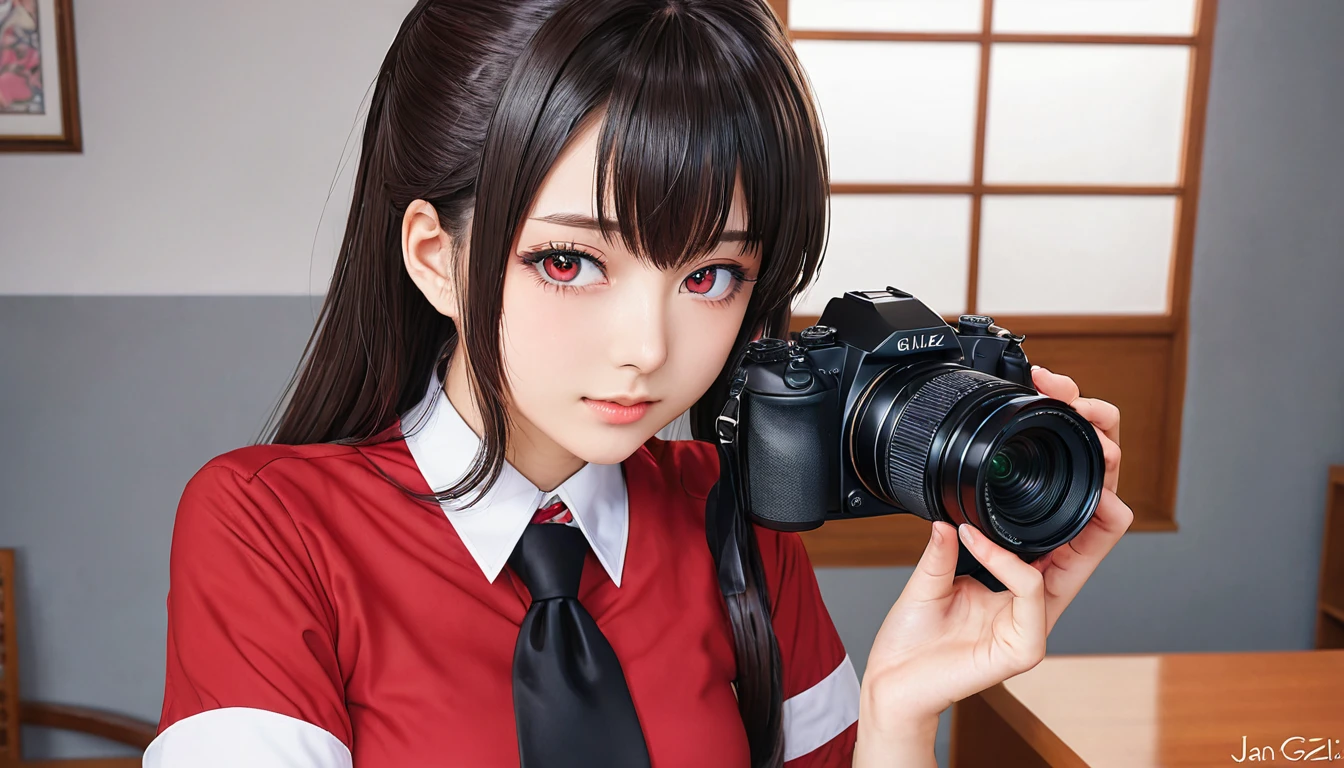 Anime girl wearing a red shirt and black tie taking a photo, Jan J, extremely detailed art gelm, Tohsaka Rin, art gelm jsc, Gweiz-style artwork, Beautiful digital art, art gelm. High detail, range murata and art gelm, style art gelm, IG Model | art gelm