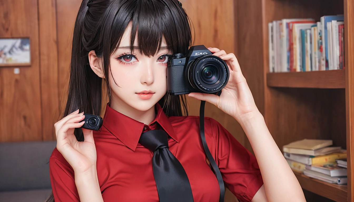 Anime girl wearing a red shirt and black tie taking a photo, Jan J, extremely detailed art gelm, Tohsaka Rin, art gelm jsc, Gweiz-style artwork, Beautiful digital art, art gelm. High detail, range murata and art gelm, style art gelm, IG Model | art gelm