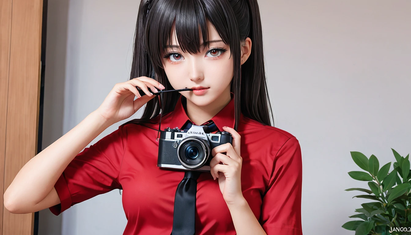 Anime girl wearing a red shirt and black tie taking a photo, Jan J, extremely detailed art gelm, Tohsaka Rin, art gelm jsc, Gweiz-style artwork, Beautiful digital art, art gelm. High detail, range murata and art gelm, style art gelm, IG Model | art gelm