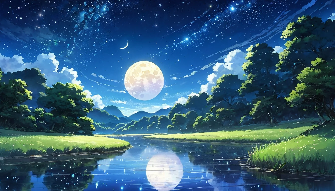 A condensed beauty of a painting of a river and the stars and moon in the sky, Concept art inspired by Mitsuoki Tosa, pixiv Contest Winner, Highest quality, Fantasy art, Beautiful anime scene, Bright moon circle, Starry Sky environment in the moonlight, Dream painting, Anime Background art, Dreamscape Painting, Great night, Anime Background, Background artwork, Great art, Atmospheric anime, Starry Sky, Detail enhancements.  