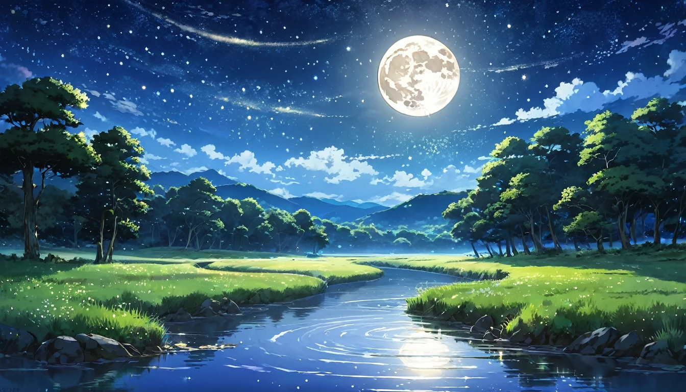 A condensed beauty of a painting of a river and the stars and moon in the sky, Concept art inspired by Mitsuoki Tosa, pixiv Contest Winner, Highest quality, Fantasy art, Beautiful anime scene, Bright moon circle, Starry Sky environment in the moonlight, Dream painting, Anime Background art, Dreamscape Painting, Great night, Anime Background, Background artwork, Great art, Atmospheric anime, Starry Sky, Detail enhancements.