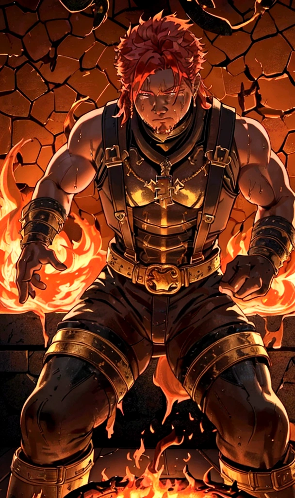 detailed golden forge, glowing molten metal, intense flames, muscular blacksmith, fire hair, sweat glistening, dynamic movement, intricate details, rich color palette, dramatic lighting, cinematic composition, award winning digital art, concept art, octane render, unreal engine, 8k, photorealistic