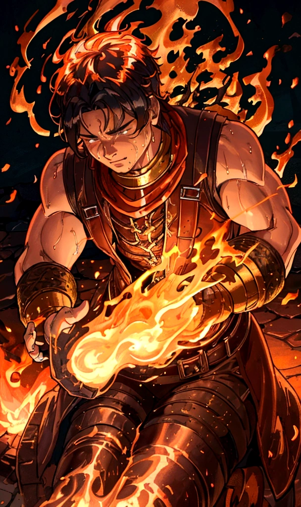 detailed golden forge, glowing molten metal, intense flames, muscular blacksmith, fire hair, sweat glistening, dynamic movement, intricate details, rich color palette, dramatic lighting, cinematic composition, award winning digital art, concept art, octane render, unreal engine, 8k, photorealistic
