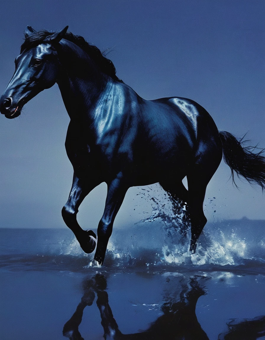  glitch art, fashion shoot, black horse running at water surface  in darkness  at night, blue background