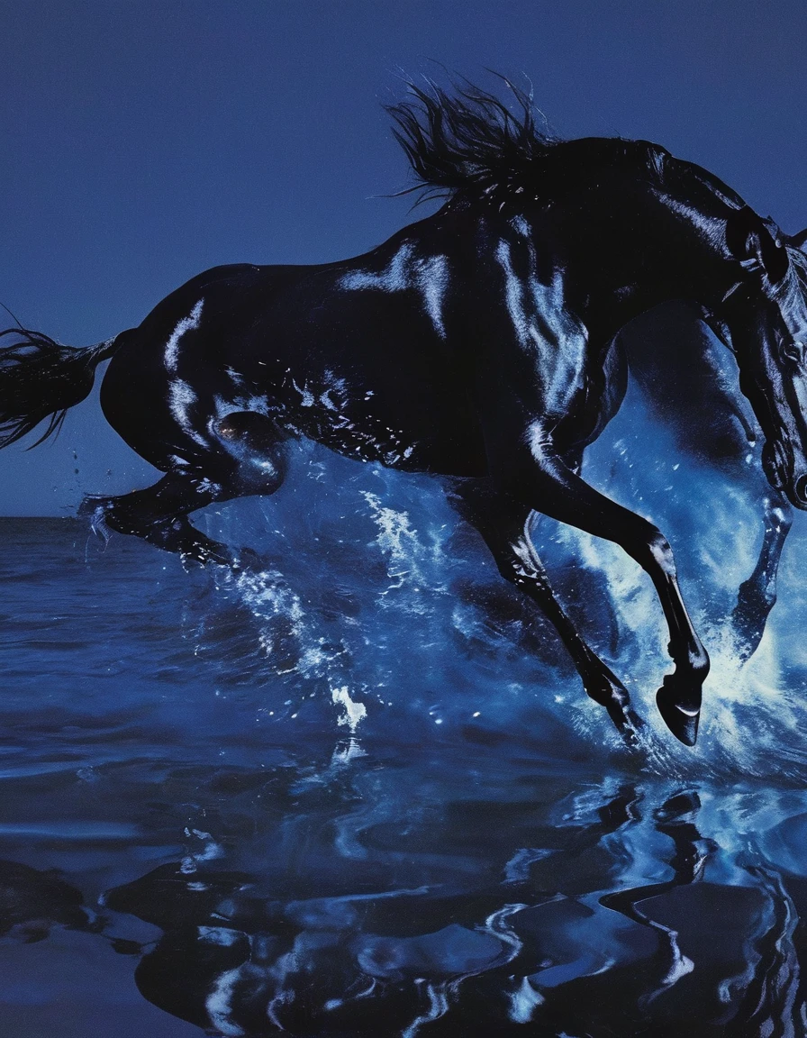  glitch art, fashion shoot, black horse running at water surface  in darkness  at night, blue background