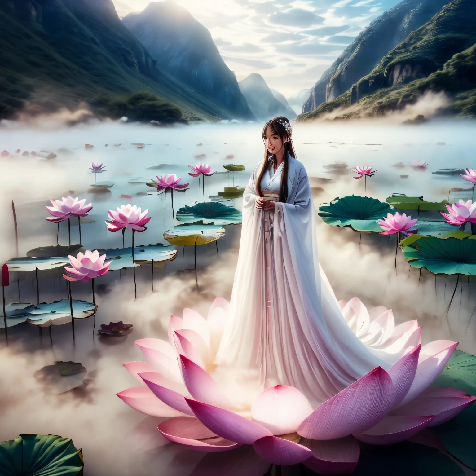 masterpiece,best quality,ultra high res,8K wallpaper,Realistic,mastery,professional lighting,(photorealistic:1.4),1girl,lotus fairy,(thick fog:1.3),