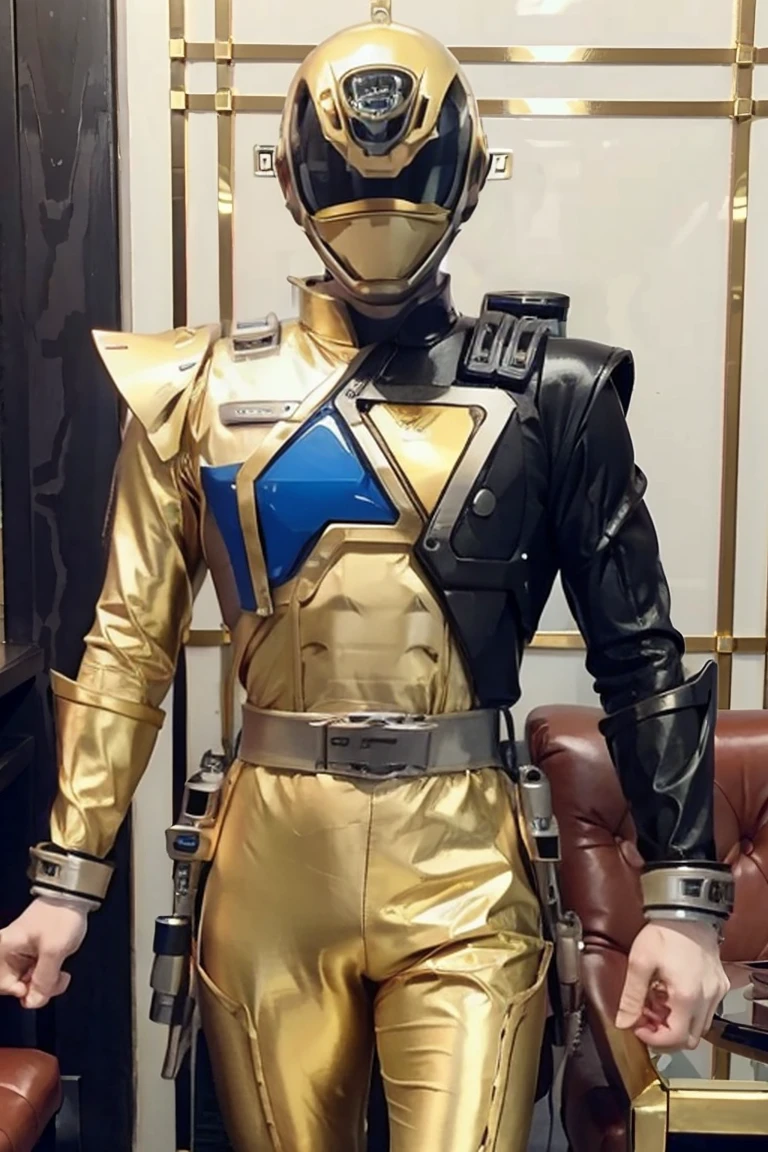 Fantasy background, cafe rpg style, empty chair, table, set of tea glass, (power rangers)), One guy、, ((gold ranger suit)), red and blue chest armor with gold details, costume, Solo, ((fit figure)), (Anatomically correct), Cowboy shot, masked face, guns, muscular build
