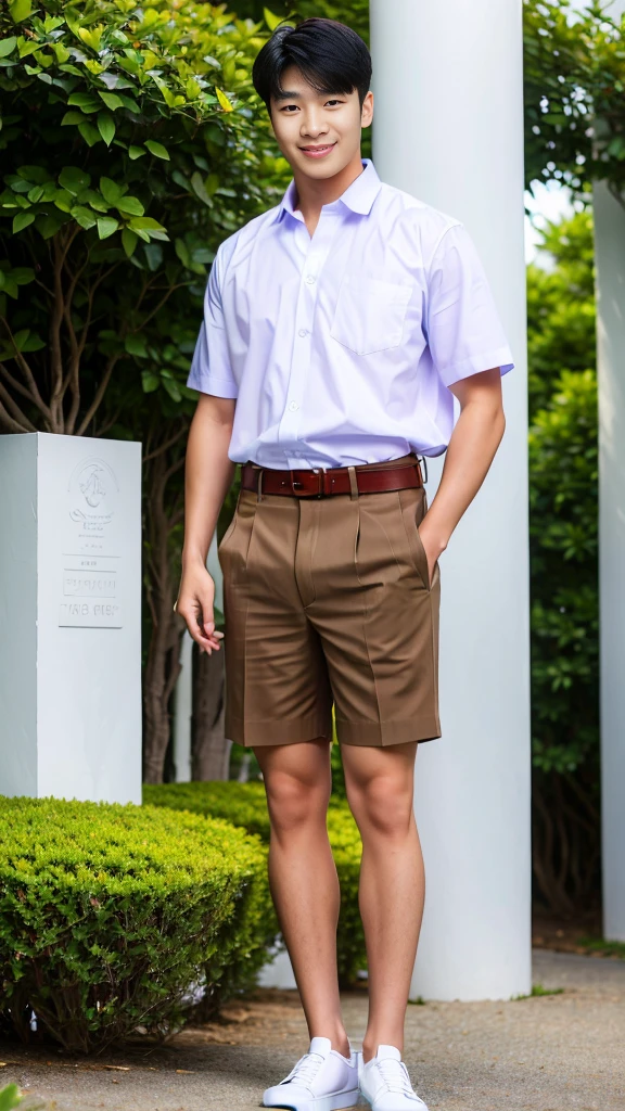 (Create a masterpiece: 1.2),(CGI art:1.3),(realistic:1.5),(After processing:1.3),(Sharp focus:1.3),10,1 man, smile, (Wear a white school shirt.), (Shorts, blue),brown belt,  Korean guy , korean men, (High gloss details), chest muscles, large arm muscles, blood vessel, Big muscles, Broad shoulders, looking at the audience, Balancing the eyes, forest, mountain, (Make eye contact)