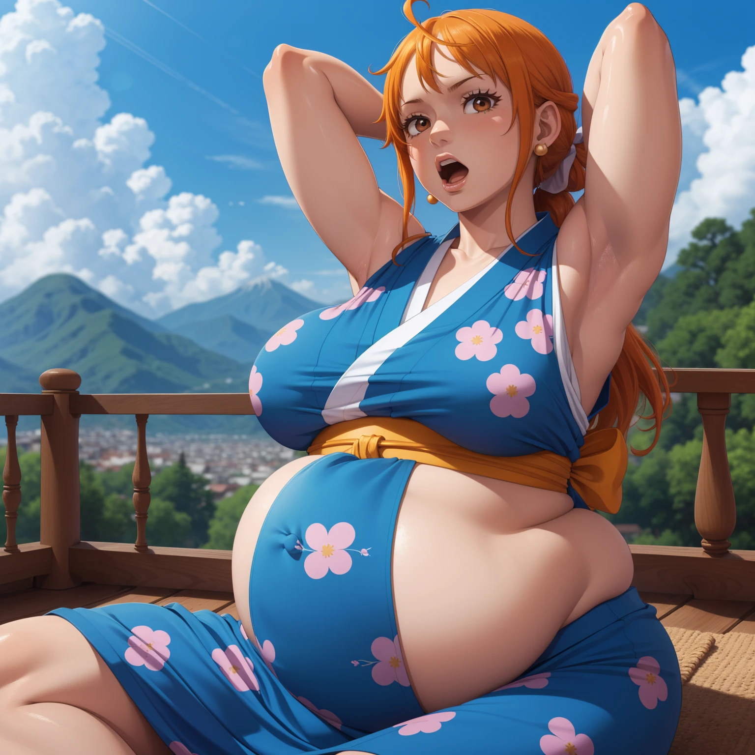 2d, masterpiece, best quality, anime, highly detailed face, highly detailed background, perfect lighting, wano, nami, 1girl, solo, long hair, jewelry, sash, japanese clothes, obi, orange hair, kimono, bow, light blue kimono, flower, flower print, earrings, looking at viewer, sleeveless kimono, ahoge, ribbon, hair bow, sky, day, bracelet, sleeveless, ;\), blue bow, outdoors, breasts, cloud, ponytail, blue sky, brown eyes, orange eyes, bare shoulders, very long hair, sidelocks, bangs, collarbone, upper body, bare arms, official alternate costume, blurry, hand gesture, alternate costume, medium breasts, blurry background, large breasts, eyelashes, mountain, parody, cloudy sky, sitting, shiny hair, bangle, wavy hair, ((big belly, massive belly, chubby, giant belly)), shocked, open mouth, (hands behind head:1.4), (solo:1.5), midriff