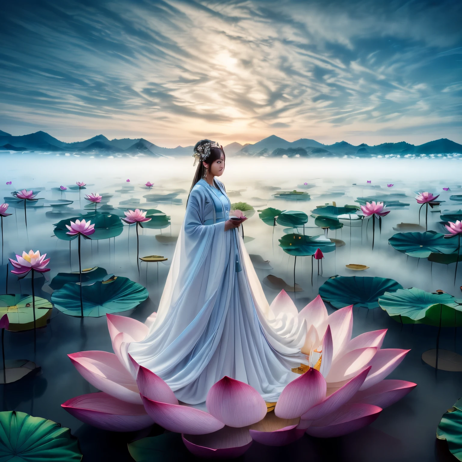 masterpiece,best quality,ultra high res,8K wallpaper,Realistic,mastery,professional lighting,(photorealistic:1.4),1girl,lotus fairy,(thick fog:1.3),
