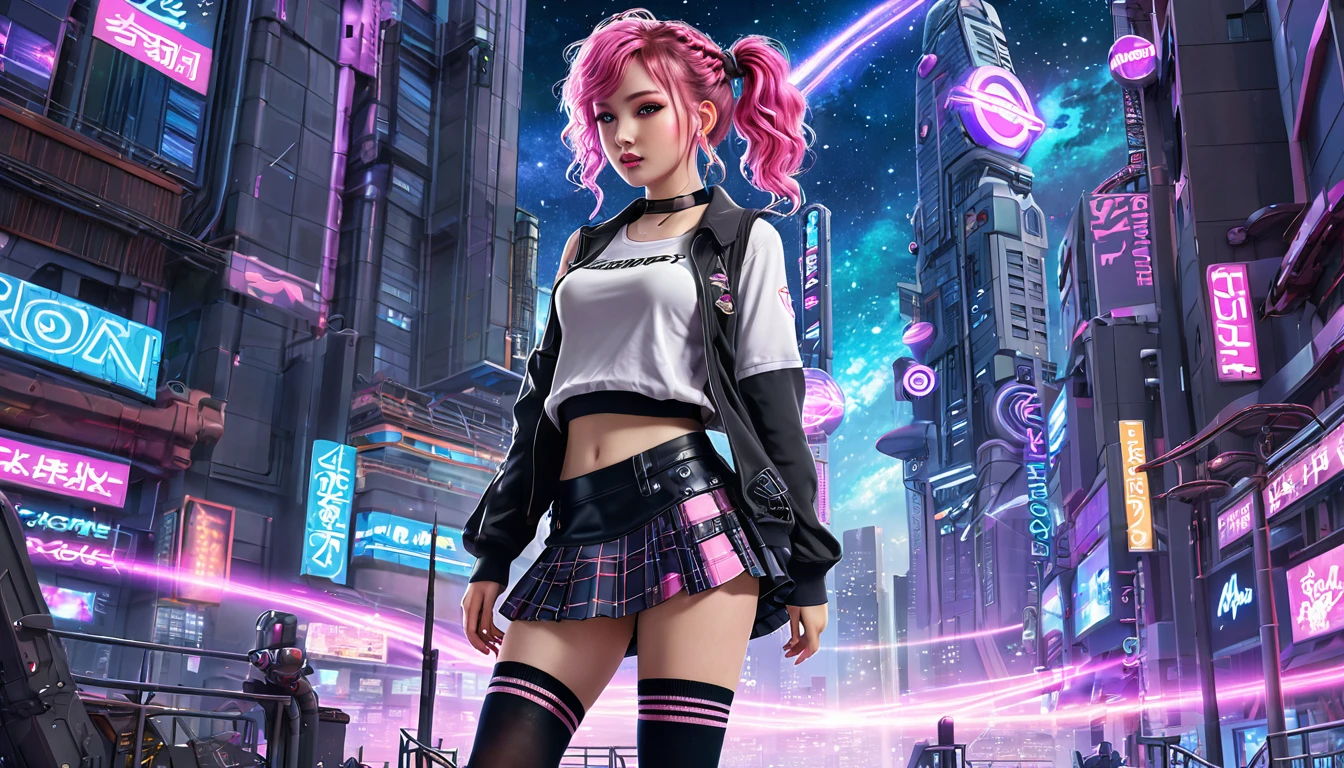 High resolution, Highest quality, masterpiece, Very high quality, Super detailed, Surreal, 3D, anime, An illustration, Fantasy, Hard Rock Girl, So beautiful and cute, Pink wavy hair, Side braid, mini skirt, Knee-high socks, Engineer boot, background cyberpunk city galaxy  
