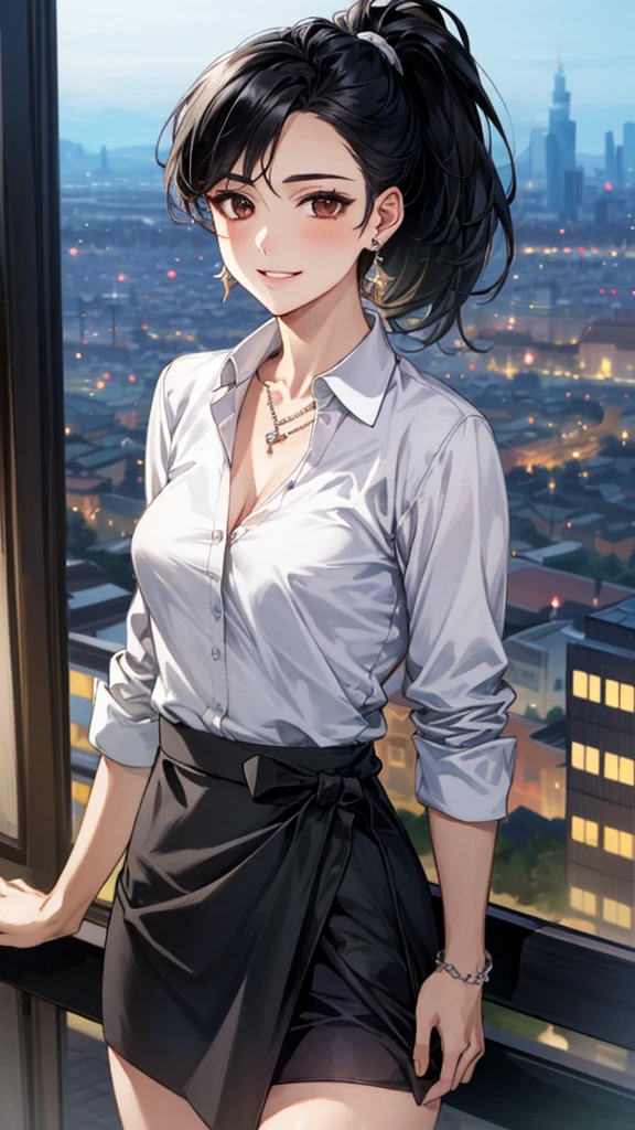 (masterpiece:1.3, Highest quality, Ultra-high resolution, Super detailed), (Realistic, photoRealistic:1.4), Beautiful illustrations, Perfect lighting, colorful, Depth of written boundary,
Beautiful detailed hair, Beautifully detailed face, Beautiful fine details, Beautiful clavicle, Beautiful body, 美しいLarge Breasts, Beautiful thighs, Beautiful feet, Beautiful fingers,
View Viewer、Front view:0.6, Beauty1人, Japanese, Beauty、30 years old, Perfect Face, (Perfect Anatomy, Anatomically correct), Cute and symmetrical face, Baby Face, , Shiny skin,
((Collared shirt:1.4)), ((Long wrap-around skirt:1.3))、
(Black Hair, ponytail:1.4), Dark brown eyes, Droopy eyes、Large Breasts, Slim body,
necklace, (Small earrings:1.3),
(Beautiful views), (night), (city, cityscape in the distance), Are standing, A soft smile、(Smile, Lips parted),