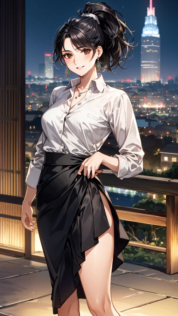 (masterpiece:1.3, Highest quality, Ultra-high resolution, Super detailed), (Realistic, photoRealistic:1.4), Beautiful illustrations, Perfect lighting, colorful, Depth of written boundary, 
Beautiful detailed hair, Beautifully detailed face, Beautiful fine details, Beautiful clavicle, Beautiful body, 美しいLarge Breasts, Beautiful thighs, Beautiful feet, Beautiful fingers, 
View Viewer、Front view:0.6, Beauty1人, Japanese, Beauty、30 years old, Perfect Face, (Perfect Anatomy, Anatomically correct), Cute and symmetrical face, , , Shiny skin, 
((Collared shirt:1.4)), ((Long wrap-around skirt:1.3))、
(Black Hair, ponytail:1.4),  Dark brown eyes, Droopy eyes、Large Breasts, Slim body, 
necklace, (Small earrings:1.3), 
(Beautiful views), (night), (city, cityscape in the distance), Are standing, A soft smile、(Smile, Lips parted), 