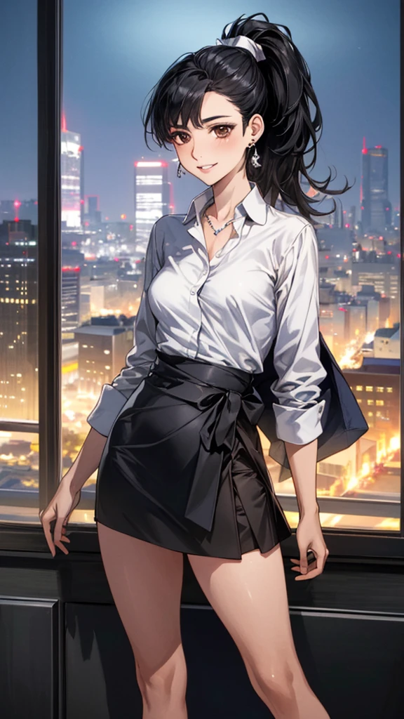 (masterpiece:1.3, Highest quality, Ultra-high resolution, Super detailed), (Realistic, photoRealistic:1.4), Beautiful illustrations, Perfect lighting, colorful, Depth of written boundary, 
Beautiful detailed hair, Beautifully detailed face, Beautiful fine details, Beautiful clavicle, Beautiful body, 美しいLarge Breasts, Beautiful thighs, Beautiful feet, Beautiful fingers, 
View Viewer、Front view:0.6, Beauty1人, Japanese, Beauty、30 years old, Perfect Face, (Perfect Anatomy, Anatomically correct), Cute and symmetrical face, Baby Face, , Shiny skin, 
((Collared shirt:1.4)), ((Long wrap-around skirt:1.3))、
(Black Hair, ponytail:1.4),  Dark brown eyes, Droopy eyes、Large Breasts, Slim body, 
necklace, (Small earrings:1.3), 
(Beautiful views), (night), (city, cityscape in the distance), Are standing, A soft smile、(Smile, Lips parted), 