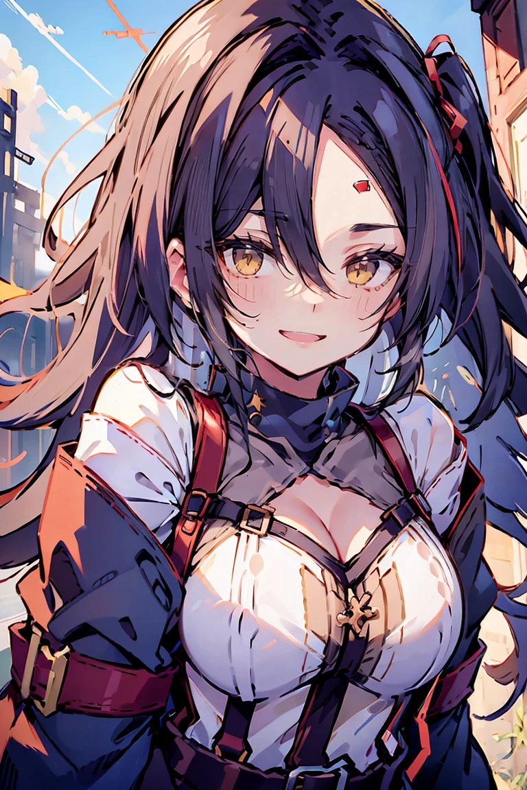 (masterpiece:1.2), (high quality:1.2), (hui xiyi:0.7), rekkyo sensen, rekkyou sensen, girls with((black hair, (tits cleavage:1.1), (waving is hands:1.2), (breasts close up:1.2), (suspenders:1.2), (dress:0.65), (blue clothes:1.2), (belts:0.7), (frills shirt:1.1), (white knit sweater:1.2), camisole, exposed breasts, straps, (turtleneck clothes:1.1), (cross:1.2), upper body, (long wavy hair:1.2), (one side up:1.2), nun, long sleeves, (perfect hands:1.05), (five fingers:1.05))), background with((fantasy world, ruin, castle, beautiful sky, shining sky, sunshine))