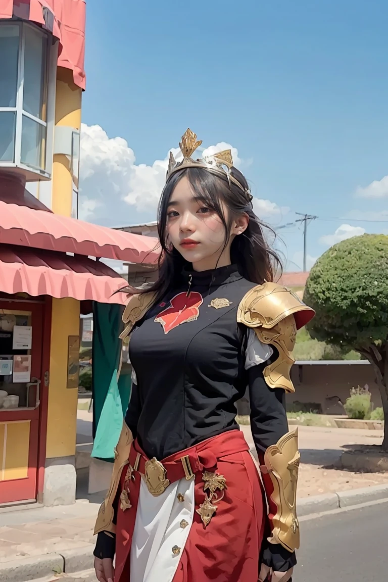 A woman adorned in fantasy-style full-body armor, a crown-concept fully enclosed helmet that unveils only her eyes, a composite layered chest plate, fully encompassing shoulder and hand guards, a lightweight waist armor, form-fitting shin guards, the overall design is heavy-duty yet flexible, ((the armor gleams with a golden glow, complemented by red and blue accents)), exhibiting a noble aura, she floats above a fantasy-surreal high-tech city, this character embodies a finely crafted fantasy-surreal style armored hero in anime style, exquisite and mature manga art style, (Queen bee mixed with Spider concept Armor), ((Nordic, elegant, goddess, femminine:1.5)), metallic, high definition, best quality, highres, ultra-detailed, ultra-fine painting, extremely delicate, professional, anatomically correct, symmetrical face, extremely detailed eyes and face, high quality eyes, creativity, RAW photo, UHD, 32k, Natural light, cinematic lighting, masterpiece-anatomy-perfect, masterpiece:1.5