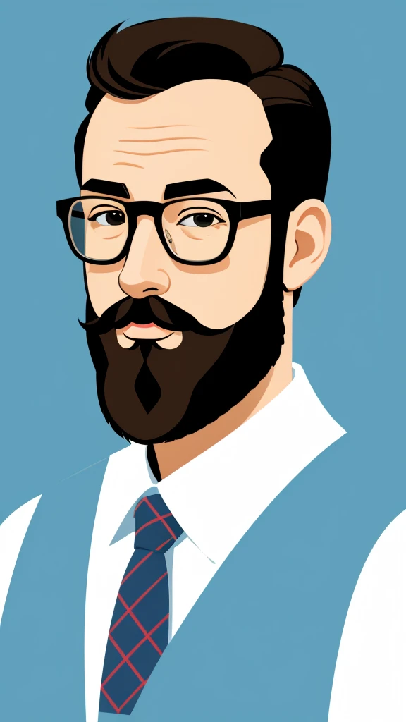 One man, short beard, handsome, front, glasses, one stroke, icon size, illustration style, simple style