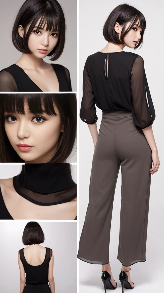 (highres:1.2,ultra-detailed:1.1)1 female, very thin and willowy body, long and slender legs, (black short hair with thick and fluffy bangs), highly detailed face, cosmetics free, small and thin nose, small thin mouth, very sharp focused eyes, Japanese, beautiful face, realistic eyes, fine and beautiful eyes, real looking skin, chiffon blouse,Palazzo pants,(arched_back)
