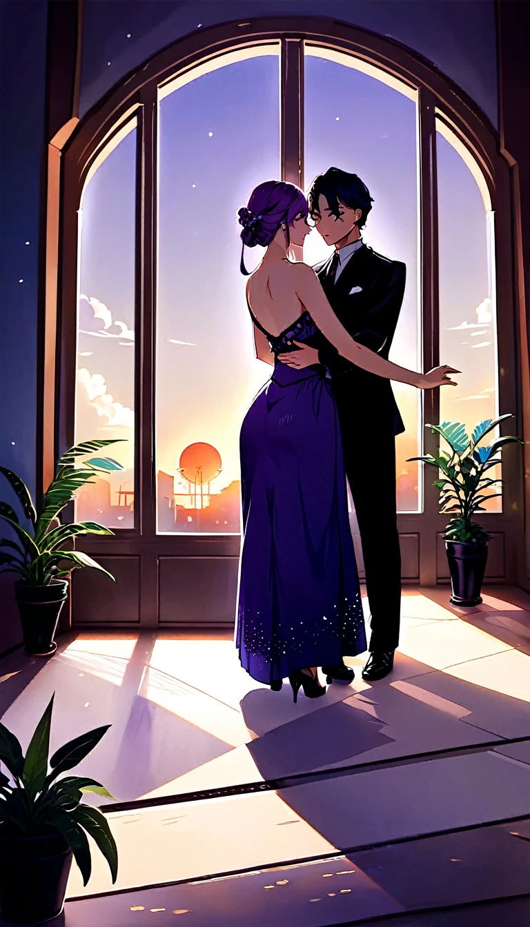 In an Art Deco Ballroom in the 1920s, an French window with arched top leads to a balcony, Outside, the sun has almost set, but the sky is a deep blue with a hint of purple., and small stars are shining in the dark blue sky, A small star is coming, outthere is a potted plant by the window, and a man and woman are dancing the tango facing each other. The man is facing forward and the woman has her back to the viewer. The man is wearing a black suit and the woman is wearing a long purple dress. The dress is sleeveless with a large V-shaped opening at the chest and a long slit, exposing their thighs. The lighting is from directly above, and shadows are cast on the eye sockets, making it impossible to read their expressions. 