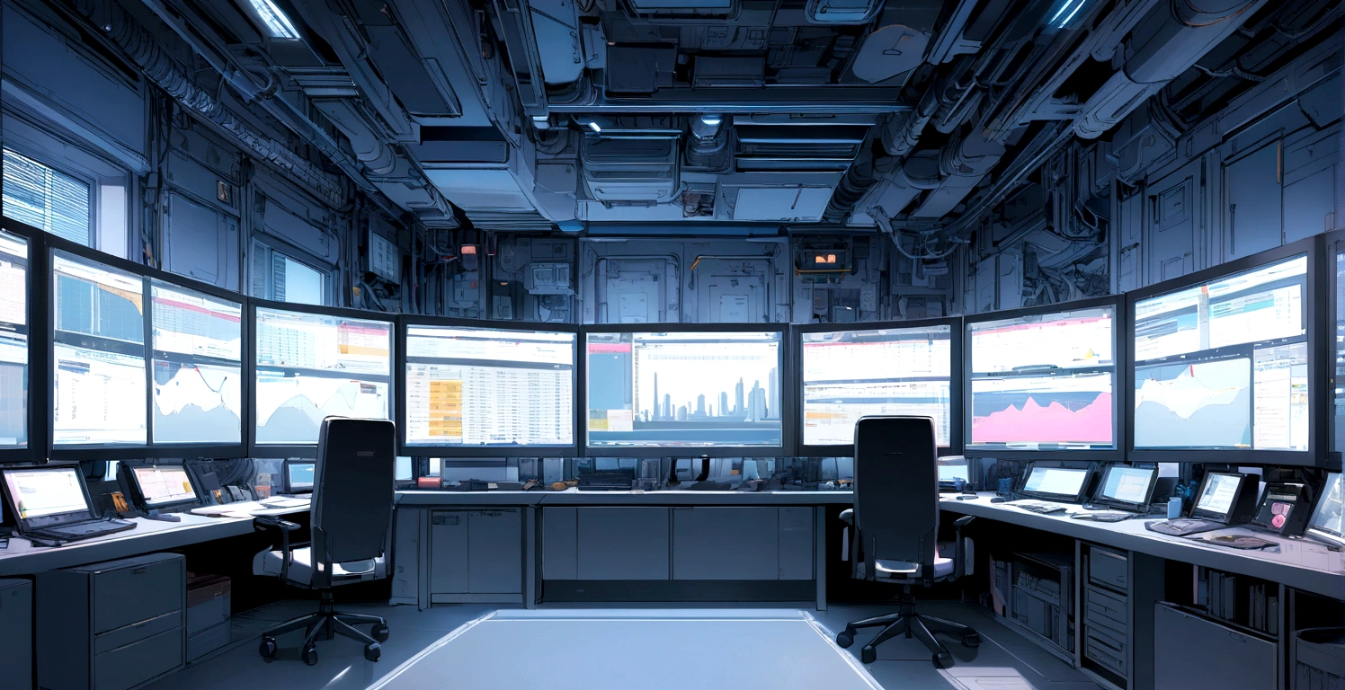 A room with multiple monitors
A window overlooking the ocean,displaying stock charts