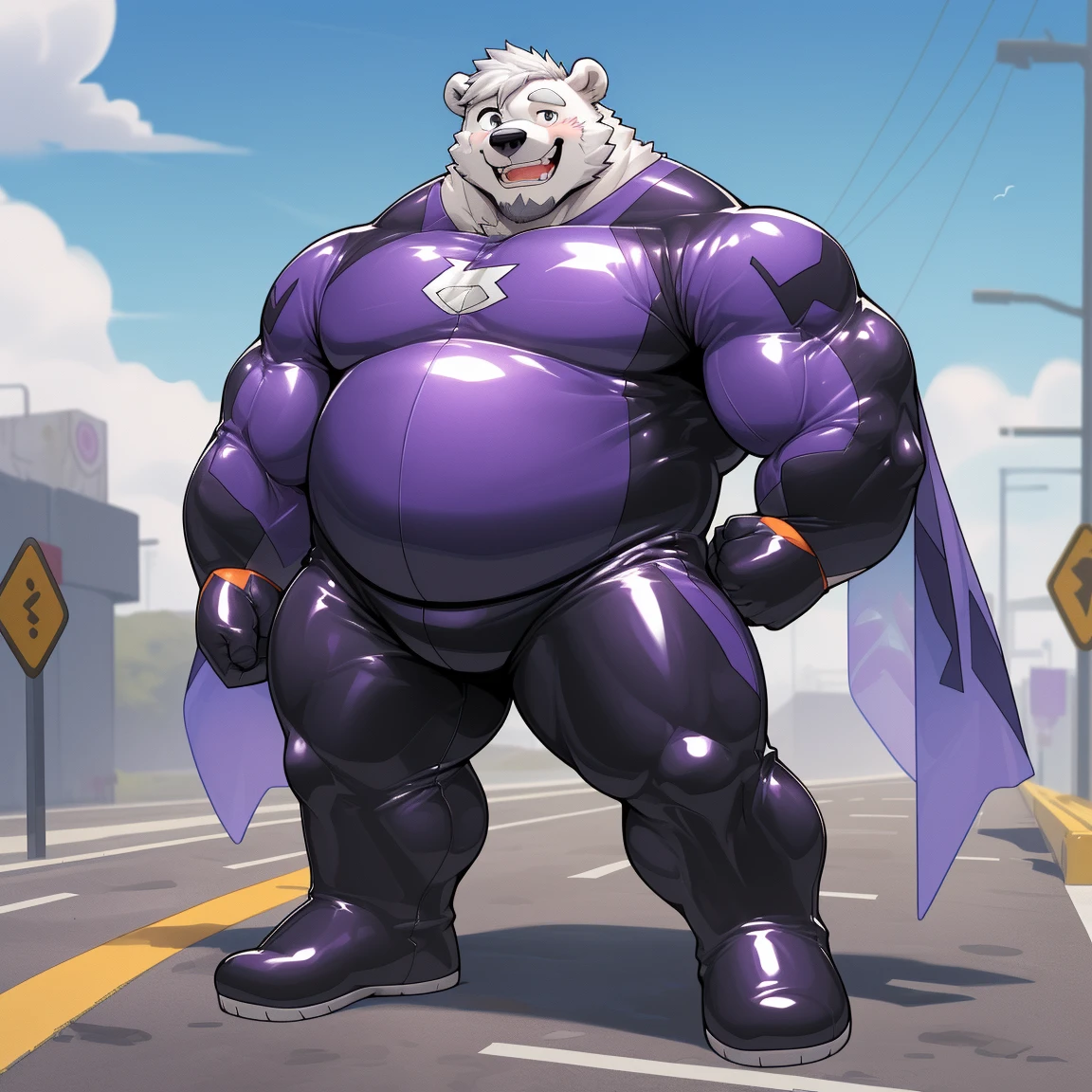 masterpiece, best quality, 8k resolution, Very detailed, hairy,(((polar bear)),(((Mature))),(((beard))),(((Strong))),(((White hair all over body))),(((portrait))),(((White hair))),(((Roadside))),For the audience,(((Purple gel coat))),(((Tight rubber suit))),Highest quality scene,Solitary,solitary,(((whole body))),(((Bare teeth))),(((Hands behind your back))),(((Close one eye))),(((Standing with legs apart))),(((Laughing))),((Fat-enclosed muscle)),(((Round face))),(((alone))),(((Strong body))),(((Hip bulge))),(((huge))),(((Super hero))),(((Long legs)))