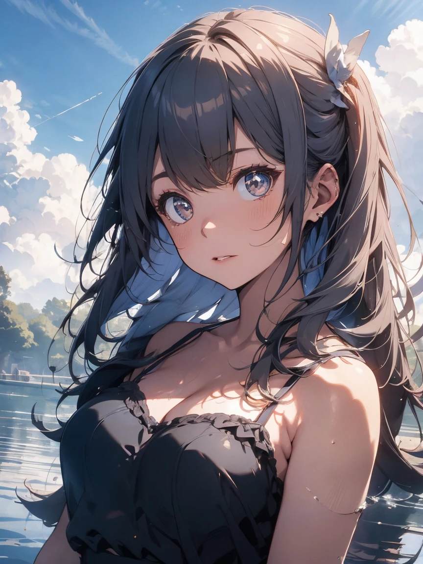 water, Wet, waterしぶき, liquid, sunny, Day, blue sky, cloud, nature, nature環境, (Character Focus:1.1), Sharp focus, Realistic, Very detailed, Super detailed, Highest quality, Highest quality, Realistic lighting, Super detailedな, Hyperrealism, Greg Rutkowski、Large Breasts、Cleavage、Bust Shot、camisole、Silver Hair