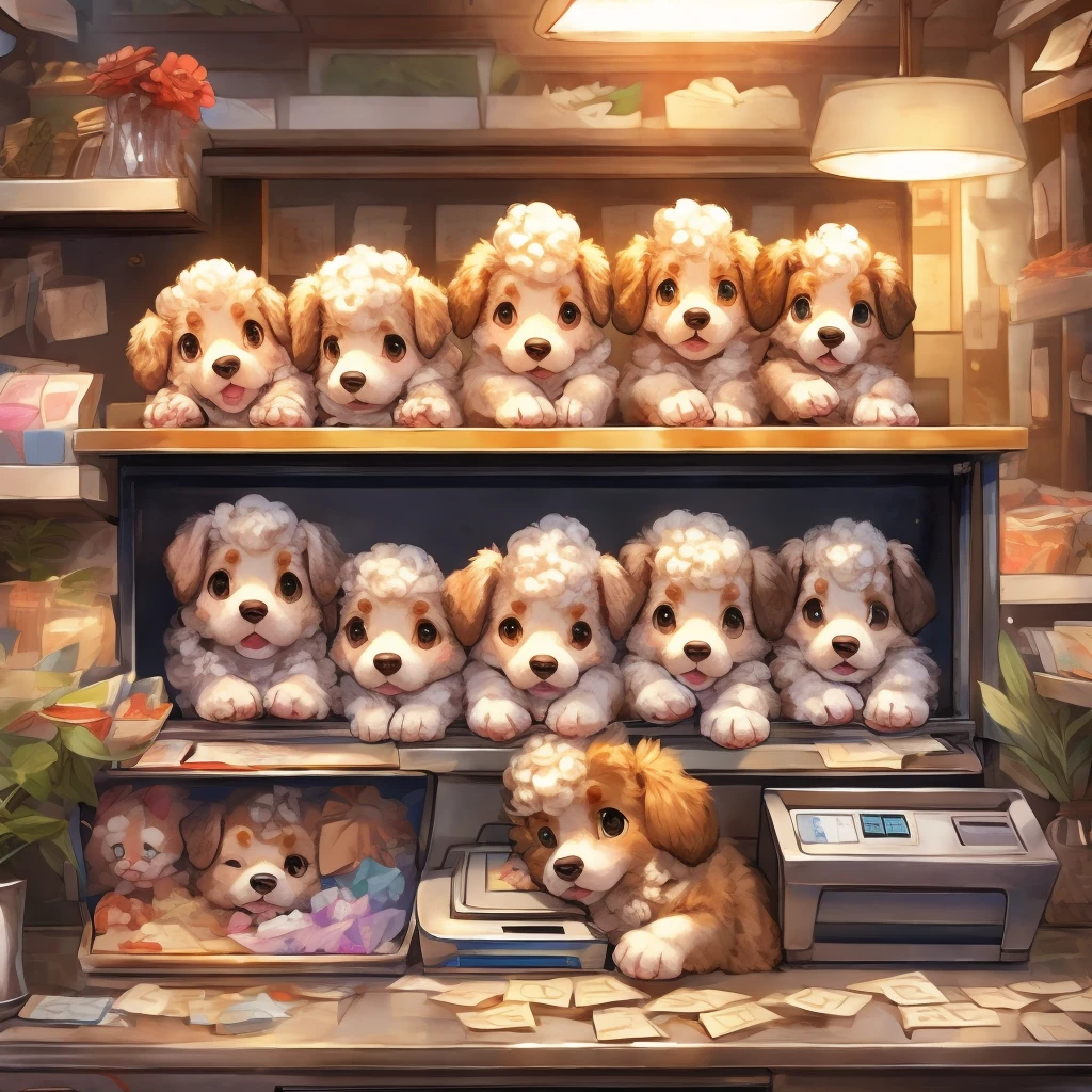 Inside the pet shop、Poodle puppies in a box on top of a cash register