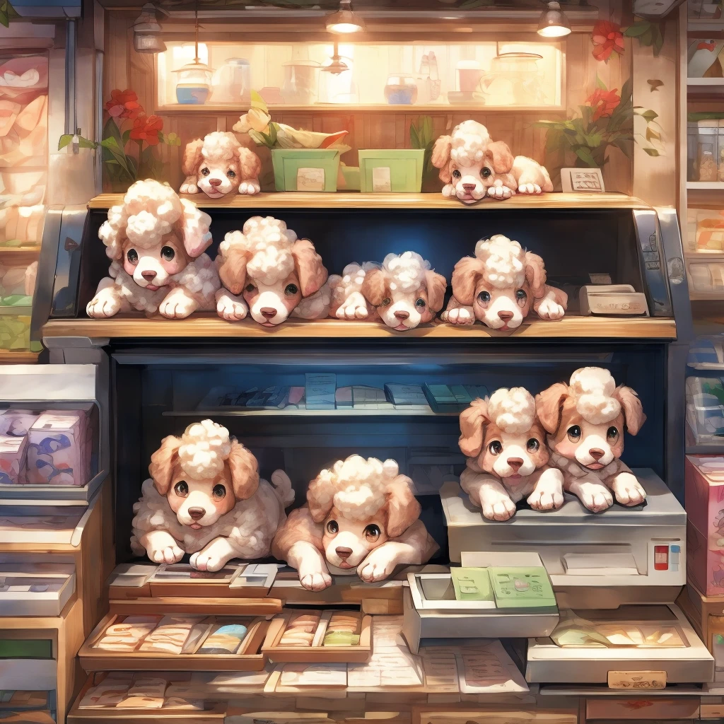 Inside the pet shop、Poodle puppies in a box on top of a cash register