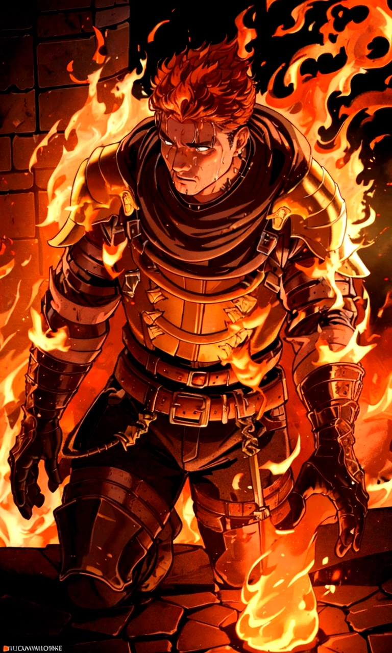 detailed golden forge, glowing molten metal, intense flames, muscular blacksmith, fire hair, sweat glistening, dynamic movement, intricate details, rich color palette, dramatic lighting, cinematic composition, award winning digital art, concept art, octane render, unreal engine, 8k, photorealistic