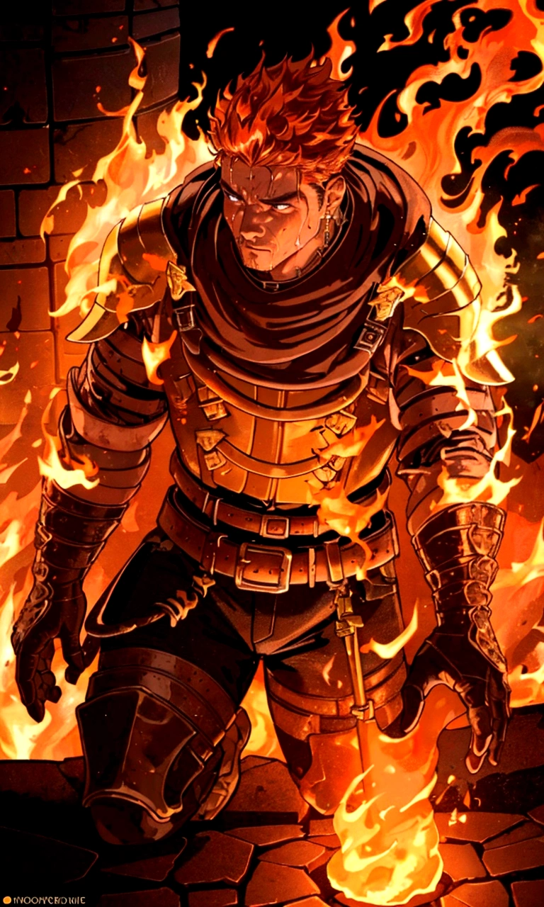 detailed golden forge, glowing molten metal, intense flames, muscular blacksmith, fire hair, sweat glistening, dynamic movement, intricate details, rich color palette, dramatic lighting, cinematic composition, award winning digital art, concept art, octane render, unreal engine, 8k, photorealistic